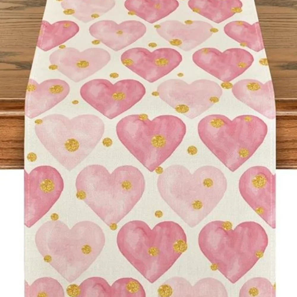 Valentines Day Table Runner Pink Heart Dining Cloth Cottage Wedding Party Decor